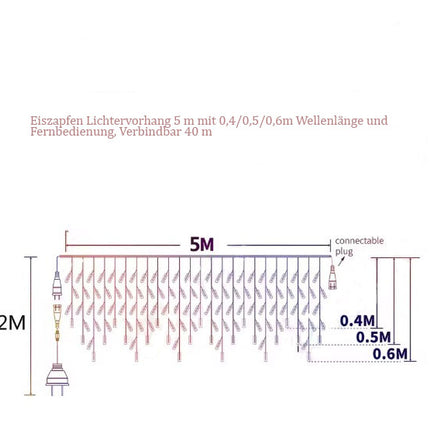 Lichtervorhang 5M mit 0,4/0,5/0,6m Wellenlänge, 8 Modi und Fernbedienung, Warm Licht, Verbindbar 40M, Für Außen