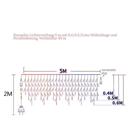 Lichtervorhang 5M mit 0,4/0,5/0,6m Wellenlänge, 8 Modi und Fernbedienung, Warm Licht, Verbindbar 40M, Für Außen