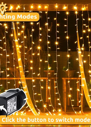 Lichtervorhang 3M × 3M mit 300 LEDs, Durchsichtig Kabel, Warm Licht, Verbindbar 12M, für Außen