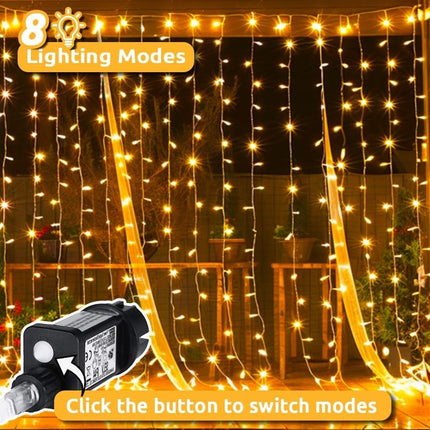 Lichtervorhang 3M × 3M mit 300 LEDs, Durchsichtig Kabel, Warm Licht, Verbindbar 12M, für Außen