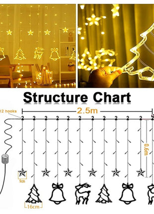 Lichtervorhang 2,5M mit 138 LEDs Sterne & Weihnachtsmuster Deko, Durchsichtig Kabel, Verbindbar 7,5M, für Außen
