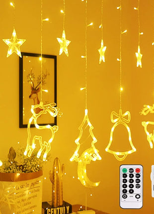 Lichtervorhang 2,5M mit 138 LEDs Sterne & Weihnachtsmuster Deko, Durchsichtig Kabel, Verbindbar 7,5M, für Außen