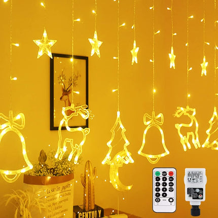 Lichtervorhang 2,5M mit 138 LEDs Sterne & Weihnachtsmuster Deko, Durchsichtig Kabel, Verbindbar 7,5M, für Außen