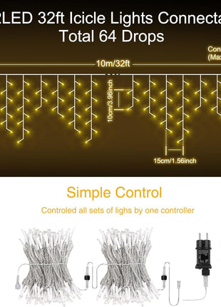 Lichtervorhang 10M x mit 352 LEDs, Durchsichtig Kabel, Warm Licht, Verbindbar 20M, für Außen