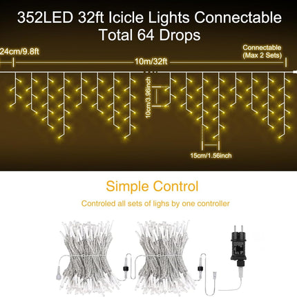 Lichtervorhang 10M x mit 352 LEDs, Durchsichtig Kabel, Warm Licht, Verbindbar 20M, für Außen