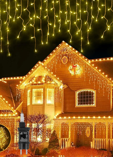 Lichtervorhang 5m mit 216 LEDs und 36 Aufhängeschnüre, Durchsichtig Kabel, Warm Licht, Verbindbar 40M, für Außen