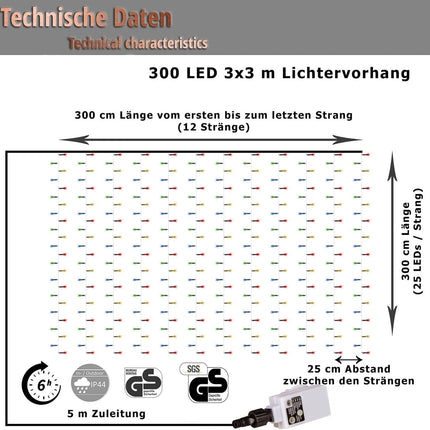 Lichtervorhang 3M × 3M mit 300 LEDs, Durchsichtig Kabel, Warm Licht und Flash, Verbindbar 15M, für Außen