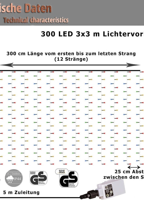 Lichtervorhang 3M × 3M mit 300 LEDs, Durchsichtig Kabel, Warm Licht und Flash, Verbindbar 15M, für Außen