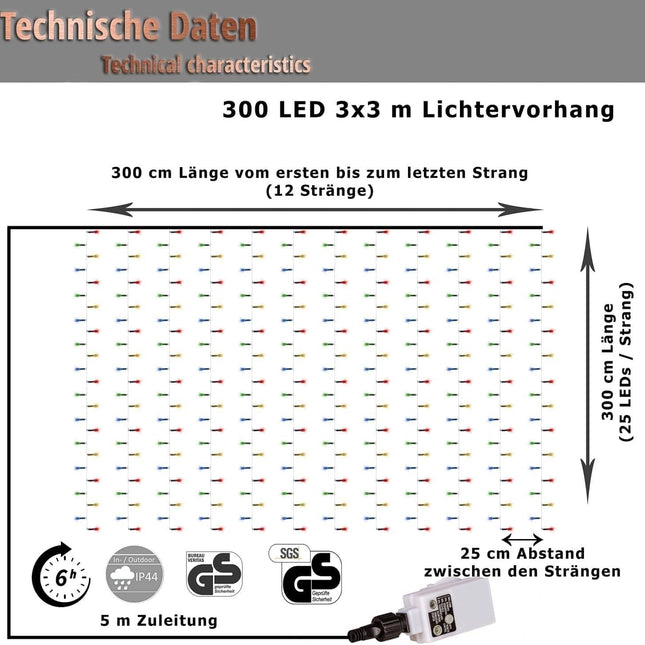 Lichtervorhang 3M × 3M mit 300 LEDs, Durchsichtig Kabel, Warm Licht und Flash, Verbindbar 15M, für Außen