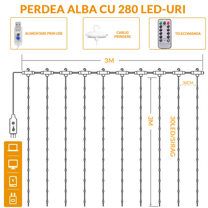 Silberdraht Lichtervorhang 3M × 3M, 300 LEDs, mit USB und Fernbedienung, 8 Programmen, Warm Licht, für Außen