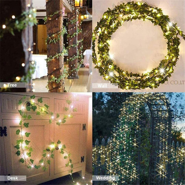 2M künstliche Efeugirlande mit 76 Blättern und 20 Mini-LEDs, Batteriebetrieben, für Außen