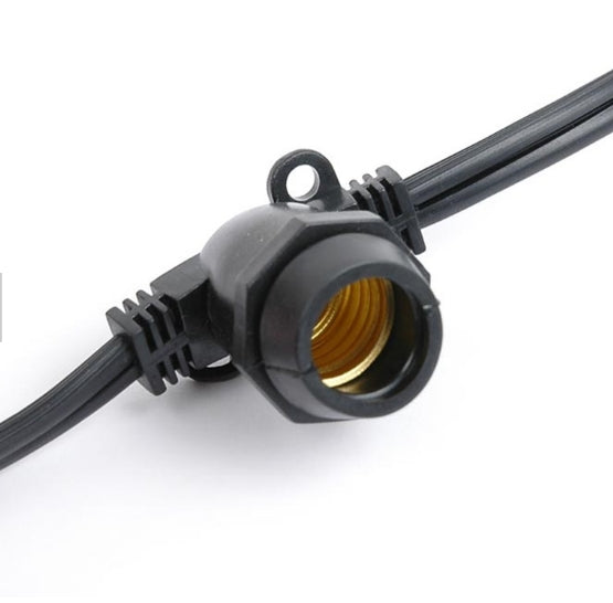 Kabel 10M mit 20 Fassungen E27, Schwarzes Kabel, Verbindbar max. 1000W, für Außen