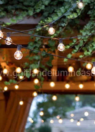 Lichterkette 8M mit 25 + 3 Glühlampen G40, E12, 7W, Schwarzes Kabel, Verbindbar 24M, für Außen