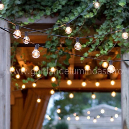 Lichterkette 8M mit 25 + 3 Glühlampen G40, E12, 7W, Schwarzes Kabel, Verbindbar 24M, für Außen