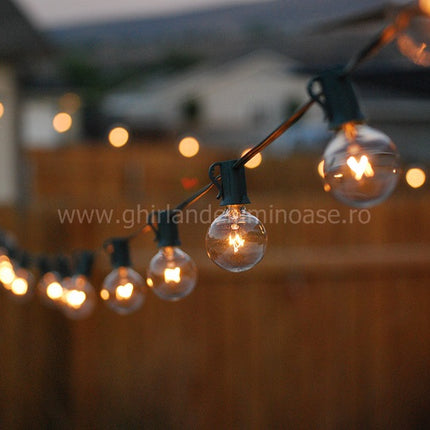 Lichterkette 8M mit 25 + 3 Glühlampen G40, E12, 7W, Schwarzes Kabel, Verbindbar 24M, für Außen