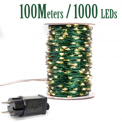 Kupferdraht Lichterkette 50M mit 500 LEDs, Grün Kupfer mit Transformator, Warm Licht, für Außen