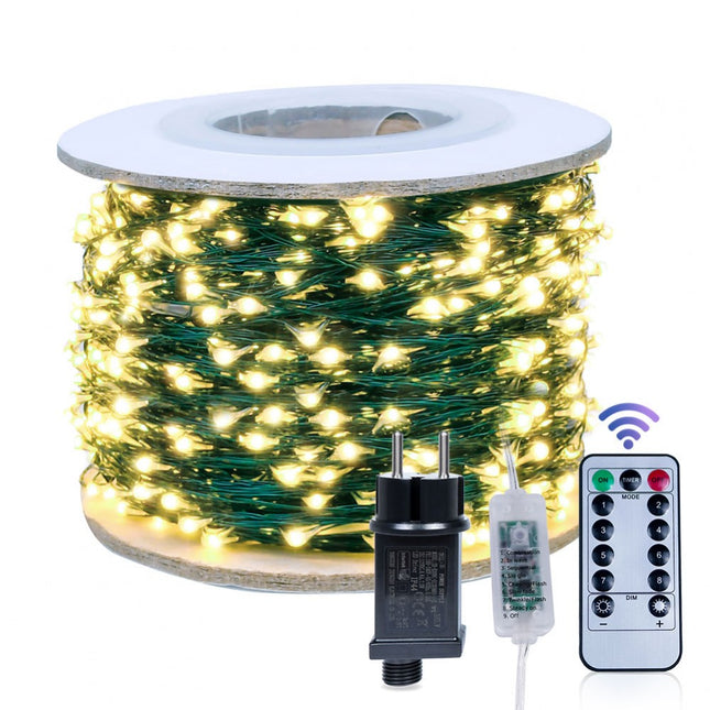 Kupferdraht Lichterkette 10M mit 100 LEDs, Grün Kupfer mit Transformator und Fernbedienung, Warm Licht, für Außen