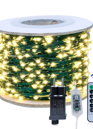 Kupferdraht Lichterkette 50M mit 500 LEDs, Grün Kupfer mit Transformator und Fernbedienung, Warm Licht, für Außen
