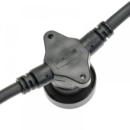 Kabel 10M mit 10 Fassungen E27, max. 15W, Schwarzes Kabel, Verbindbar max. 1000W, für Außen