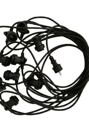 Kabel 10M mit 20 Fassungen E27 max. 15W, Schwarzes Kabel, Verbindbar max. 1000W, für Außen