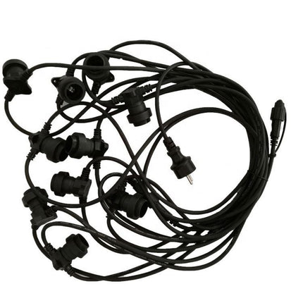 Kabel 10M mit 20 Fassungen E27 max. 15W, Schwarzes Kabel, Verbindbar max. 1000W, für Außen