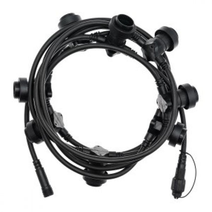 Kabel 10M mit 20 Fassungen E27 max. 15W, Schwarzes Kabel, Verbindbar max. 1000W, für Außen