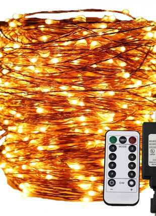 Kupferdraht Lichterkette 30M mit 300 LEDs, 8 Programmen, Transformator und Fernbedienung, Warm Licht, für Außen