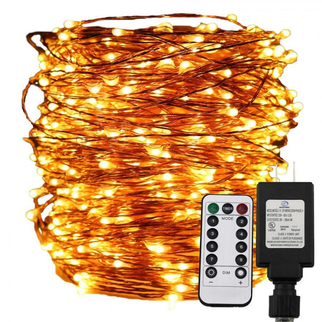 Kupferdraht Lichterkette 30M mit 300 LEDs, 8 Programmen, Transformator und Fernbedienung, Warm Licht, für Außen
