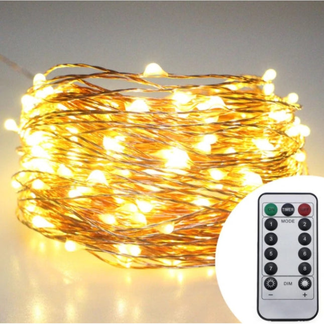Kupferdraht Lichterkette 30M mit 300 LEDs, 8 Programmen, Transformator und Fernbedienung, Warm Licht, für Außen