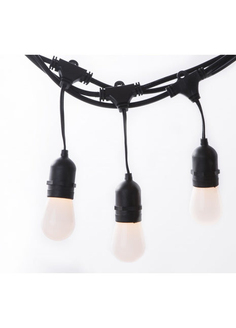 Lichterkette mit Pendel 15M mit 15 Mattweiß LED-Birnen, E27, 1W, Schwarzes Kabel, Verbindbar 750M, für Außen