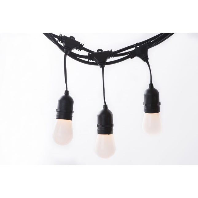 Lichterkette mit Pendel 15M mit 15 Mattweiß LED-Birnen, E27, 1W, Schwarzes Kabel, Verbindbar 750M, für Außen