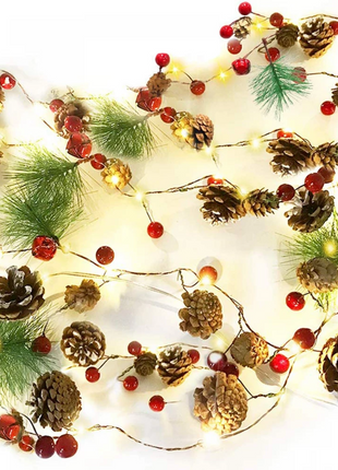 Lichterkette 2M mit 20 LEDs, mit roten Beeren, 6 Kugeln und Tannenzapfen, Warm Licht, Batteriebetrieben
