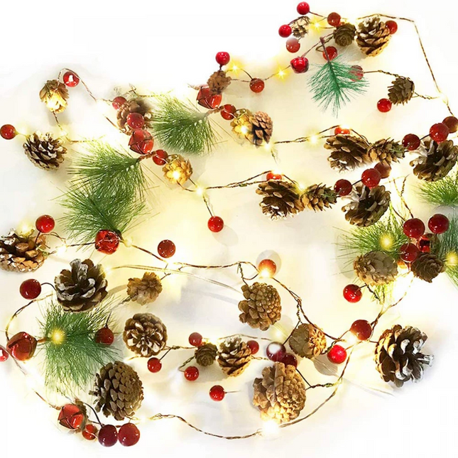 Lichterkette 2M mit 20 LEDs, mit roten Beeren, 6 Kugeln und Tannenzapfen, Warm Licht, Batteriebetrieben