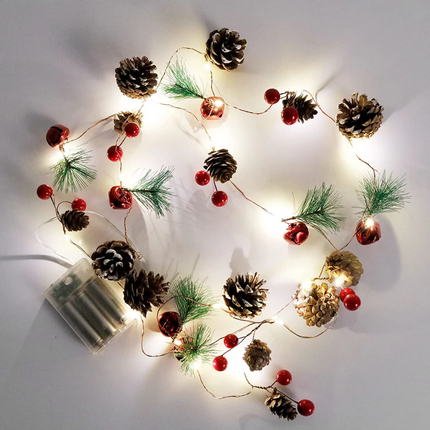 Lichterkette 2M mit 20 LEDs, mit roten Beeren, 6 Kugeln und Tannenzapfen, Warm Licht, Batteriebetrieben