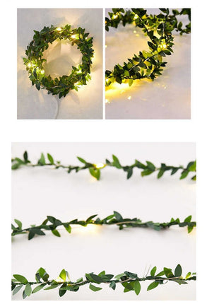 2M Buchsgirlande mit filigranen Blättern mit 20 Mini-LEDs, Warm Licht, Batteriebetrieben