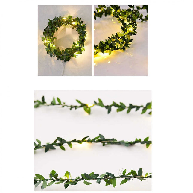 2M Buchsgirlande mit filigranen Blättern mit 20 Mini-LEDs, Warm Licht, Batteriebetrieben