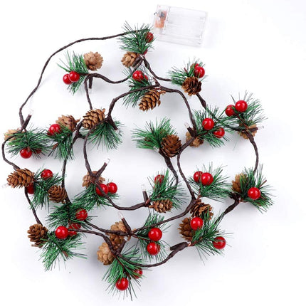 Lichterkette 2M mit 20 LEDs mit kleinen roten Beeren, Glocken und Tannenzapfen, Warm Licht, Batteriebetrieben