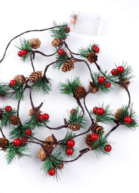 Lichterkette 2M mit 20 LEDs mit kleinen roten Beeren, Glocken und Tannenzapfen, Warm Licht, Batteriebetrieben