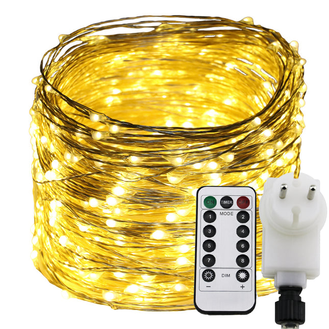 Kupferdraht Lichterkette 50M mit 500 LEDs, 8 Programmen mit Transformator und Fernbedienung, Warm Licht, für Außen
