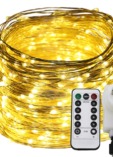 Kupferdraht Lichterkette 100M mit 1000 LEDs, 8 Programmen mit Transformator und Fernbedienung, Warm Licht, für Außen