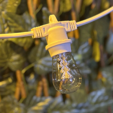 Außenlichterkette mit S14 LED-Leuchtmitteln aus Glas, dimmbar und sehr warmweißem Licht