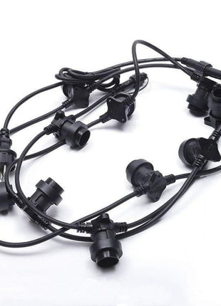 Kabel 10M mit 20 Fassungen E27 max. 15W, Schwarzes Kabel, Verbindbar max. 1000W, für Außen