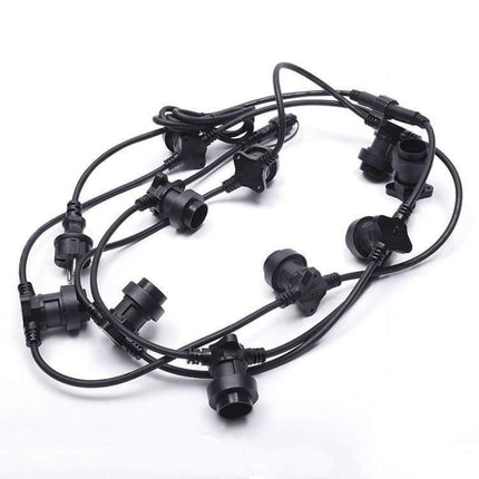Kabel 10M mit 10 Fassungen E27, max. 15W, Schwarzes Kabel, Verbindbar max. 1000W, für Außen