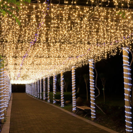 Lichtervorhang 5m mit 216 LEDs und 36 Aufhängeschnüre, Durchsichtig Kabel, Warm Licht, Verbindbar 40M, für Außen