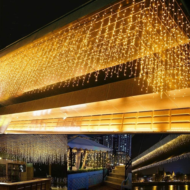 Lichtervorhang 10M x 0,6M mit 300 LEDs, Weißes Kabel, Warm Licht, Verbindbar 50M, für Außen