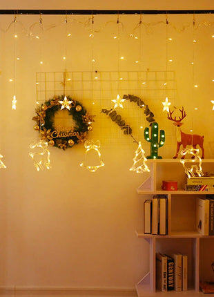 Lichtervorhang 2,5M mit 138 LEDs Sterne & Weihnachtsmuster Deko, Durchsichtig Kabel, Verbindbar 7,5M, für Außen