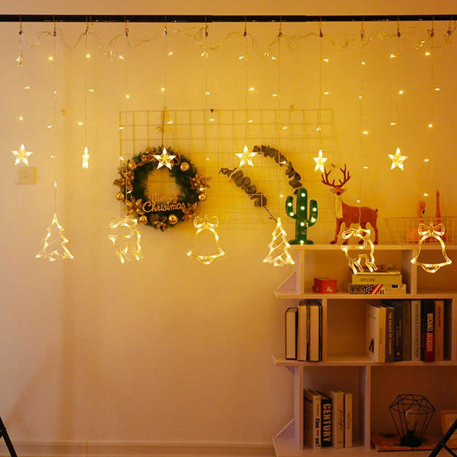 Lichtervorhang 2,5M mit 138 LEDs Sterne & Weihnachtsmuster Deko, Durchsichtig Kabel, Verbindbar 7,5M, für Außen