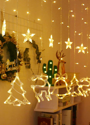 Lichtervorhang 2,5M mit 138 LEDs Sterne & Weihnachtsmuster Deko, Durchsichtig Kabel, Verbindbar 7,5M, für Außen