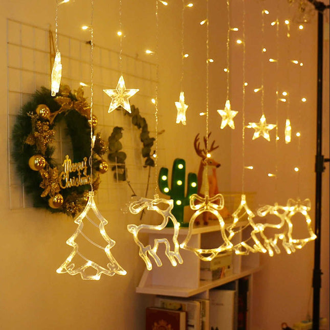 Lichtervorhang 2,5M mit 138 LEDs Sterne & Weihnachtsmuster Deko, Durchsichtig Kabel, Verbindbar 7,5M, für Außen