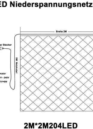 Lichternetz 2M × 2M, 204 LEDs, mit 8 Programmen, Durchsichtig Kabel, Warm Licht, Verbindbar 8M, für Außen